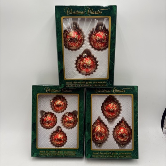 VTG Commodore Romania Blown Glass Christmas Ornaments Red Gold Glitter 3 Boxes